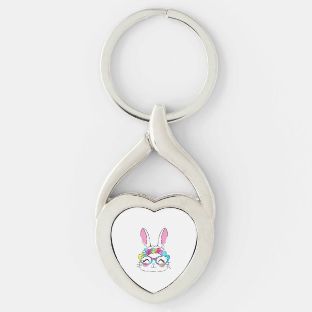 Happy Easter Day Cute Bunny Rabbit Face Tie Dye Key Ring (Front)