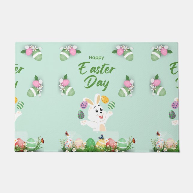 Happy Easter day- Funny Bunny And Eggs Easter   Doormat (Front)