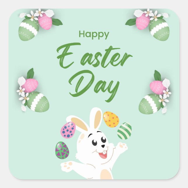 Happy Easter day- Funny Bunny And Eggs Easter Square Sticker (Front)