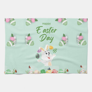 Happy Easter day- Funny Bunny And Eggs Easter      Tea Towel