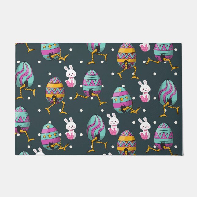 Happy Easter day- Funny Bunny Wishes Pattern   Doormat (Front)