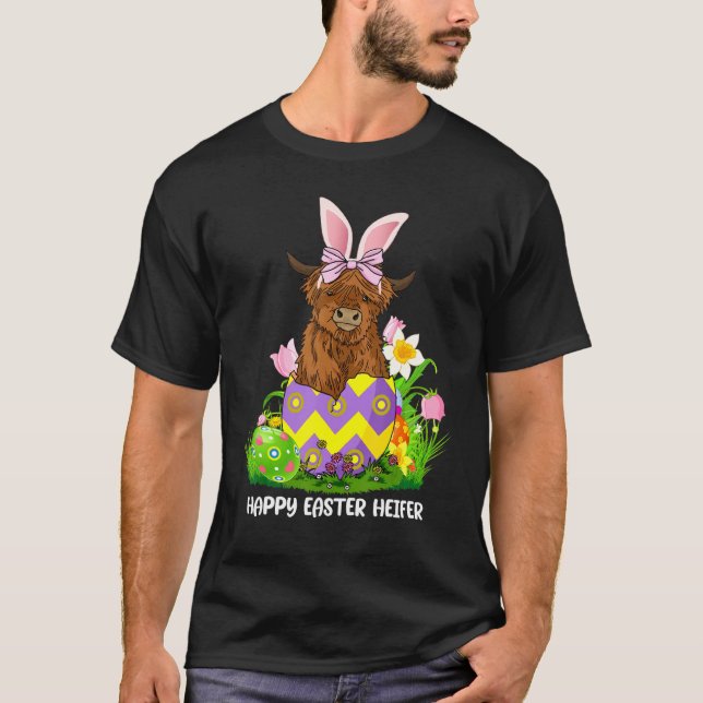 Happy Easter Day Funny Highland Cow Heifer Tee For (Front)