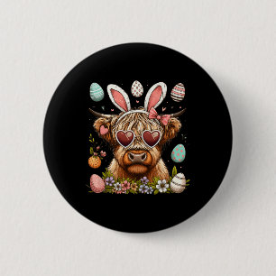 Happy Easter Day Highland Cow Easter Bunny Rabbit  6 Cm Round Badge