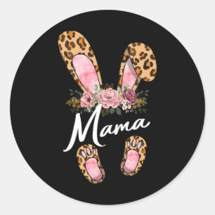 Happy Easter Day Leopard Floral Mama Rabbit Ears M Classic Round Sticker