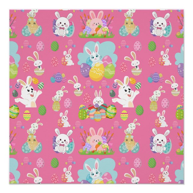 Happy Easter day- Pattern Funny Bunny And Eggs     Poster (Front)