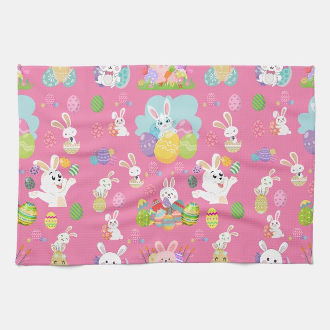 Happy Easter day- Pattern Funny Bunny And Eggs     Tea Towel (Horizontal)