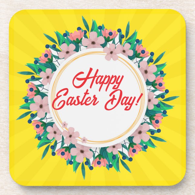 Happy Easter Day With Floral Frame-23046 Coaster (Front)