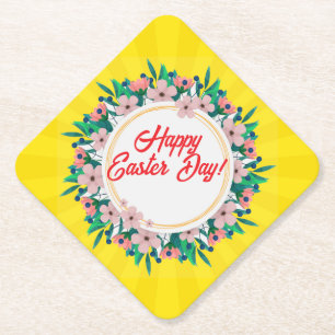 Happy Easter Day With Floral Frame-23046 Paper Coaster