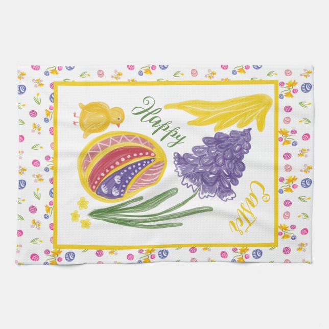 Happy Easter decorated egg, chicken and sun Tea Towel (Horizontal)