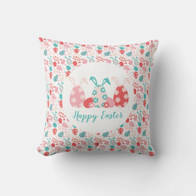 Happy Easter Decorated Eggs Bunny Ears Cushion (Front)