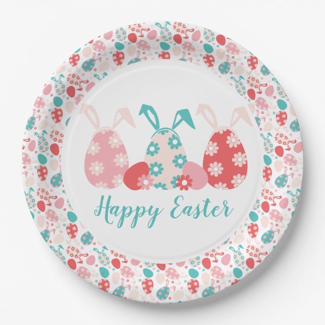 Happy Easter Decorated Eggs Bunny Ears Paper Plate (Front)