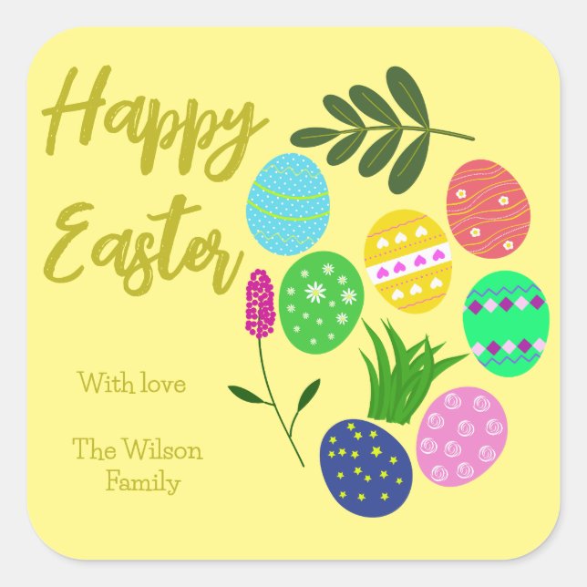 Happy Easter Decorative Eggs Beautiful Plants Square Sticker (Front)