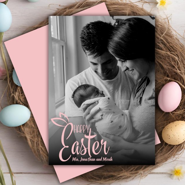 Happy Easter Decorative Pink Script Custom Photo Holiday Card (Happy Easter Decorative Pink Script Custom Photo Holiday Card)