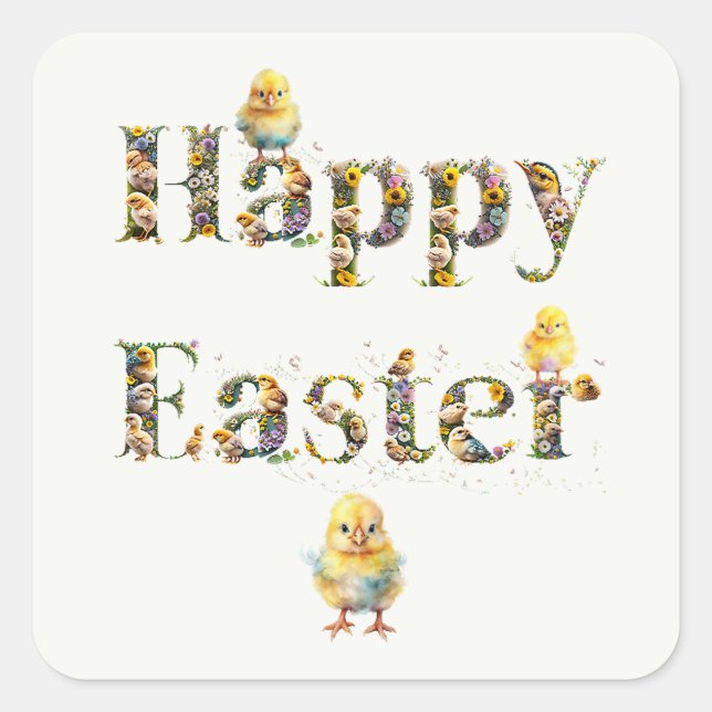 Happy Easter Decorative text Baby Chics Square Sticker (Front)