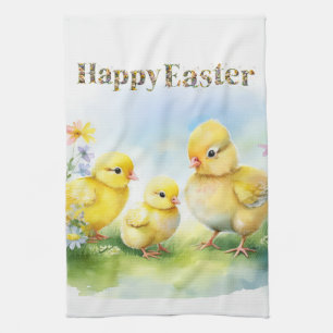 Happy Easter Decorative text Baby Chics Tea Towel