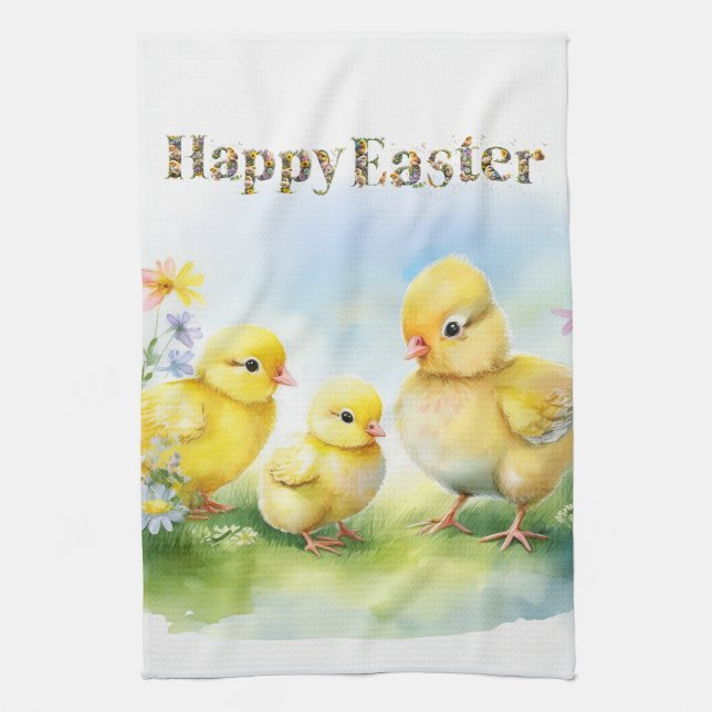 Happy Easter Decorative text Baby Chics Tea Towel (Vertical)