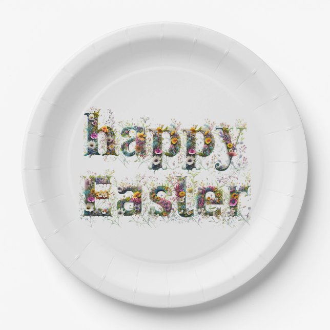 Happy Easter Decorative Wildflower text Paper Plate (Front)