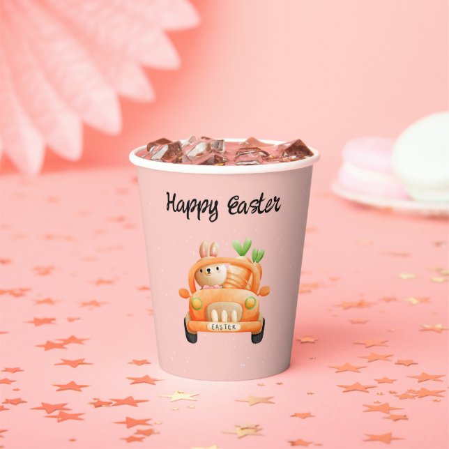 Happy Easter driver bunny on pink Paper Cups (Insitu)