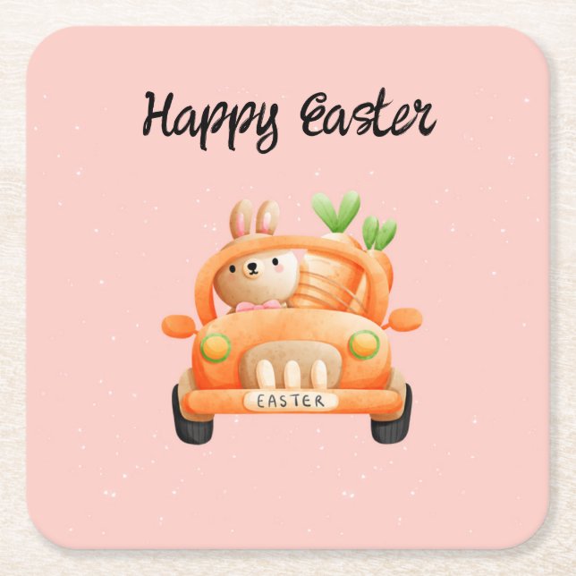 Happy Easter driver bunny on pink Square Paper Coaster (Front)