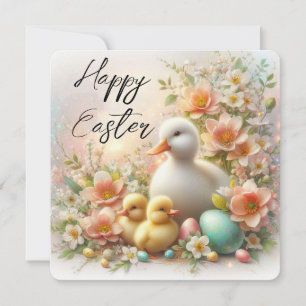 Happy Easter Duck, Ducklings, Eggs and Flowers Holiday Card