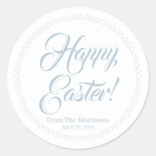 Happy Easter dusty blue heart border custom script Classic Round Sticker