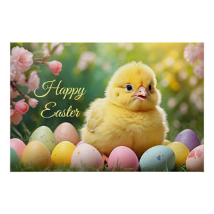 Happy Easter Easter Baby Chick with Painted Eggs Poster