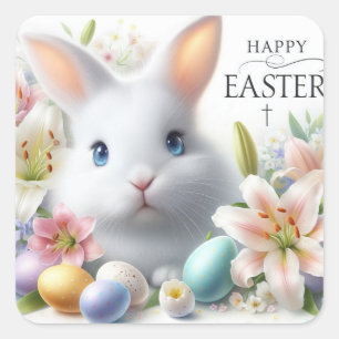 Happy Easter, Easter Bunny, Eggs and Flowers Square Sticker