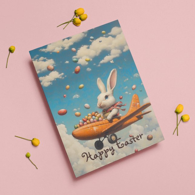 Happy easter, easter bunny flying with eggs   holiday postcard (Creator Uploaded)