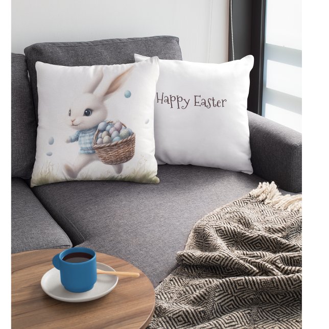 Happy easter, easter bunny walking with eggs   cushion (Creator Uploaded)