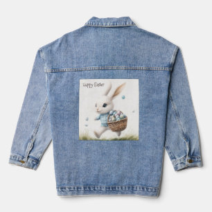 Happy easter, easter bunny walking with eggs denim jacket