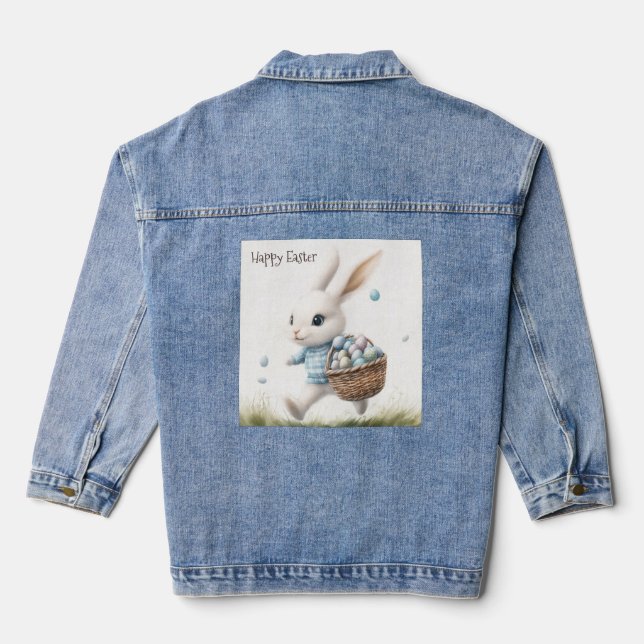 Happy easter, easter bunny walking with eggs   denim jacket (Back)