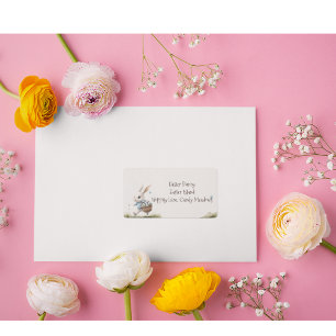 Happy easter, easter bunny walking with eggs   label