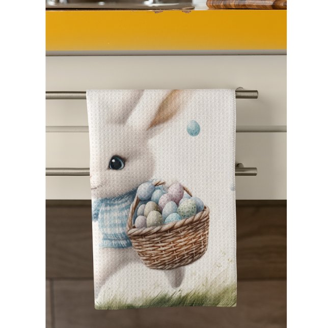 Happy easter, easter bunny walking with eggs   tea towel (Creator Uploaded)