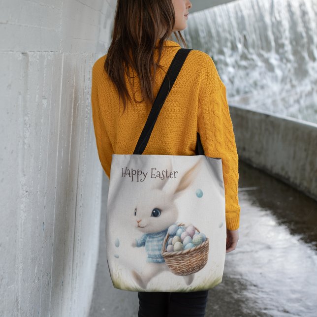 Happy easter, easter bunny walking with eggs   tote bag (Creator Uploaded)