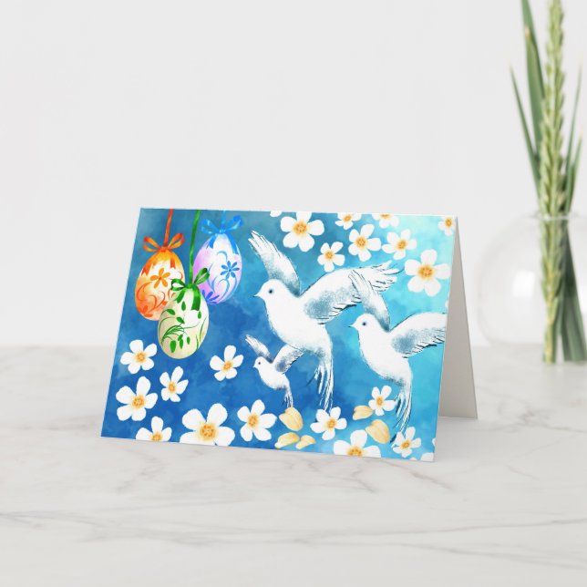 Happy Easter. Easter Eggs and Doves Painting Holiday Card (Front)