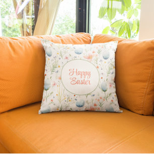 Happy Easter   Easter Eggs & Flowers Cushion