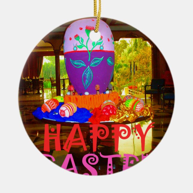 Happy Easter Egg Centerpiece for Spring Ceramic Ornament (Front)