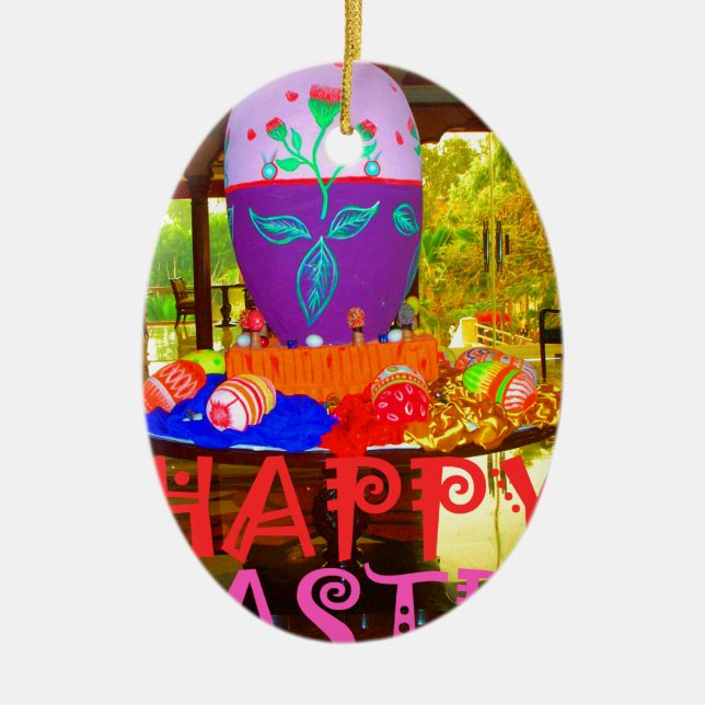 Happy Easter Egg Centerpiece for Spring Ceramic Ornament (Front)