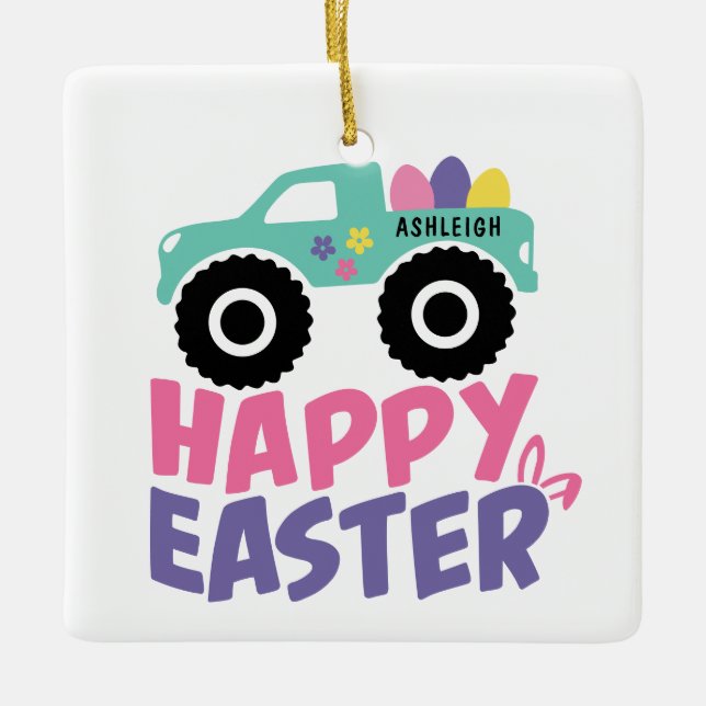 Happy Easter Egg Girly Truck Modern Name Ceramic Ornament (Front)