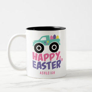 Happy Easter Egg Girly Truck Modern Name Two-Tone Coffee Mug
