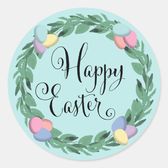 Happy Easter Egg Wreath Botanical Foliage Classic Round Sticker (Front)