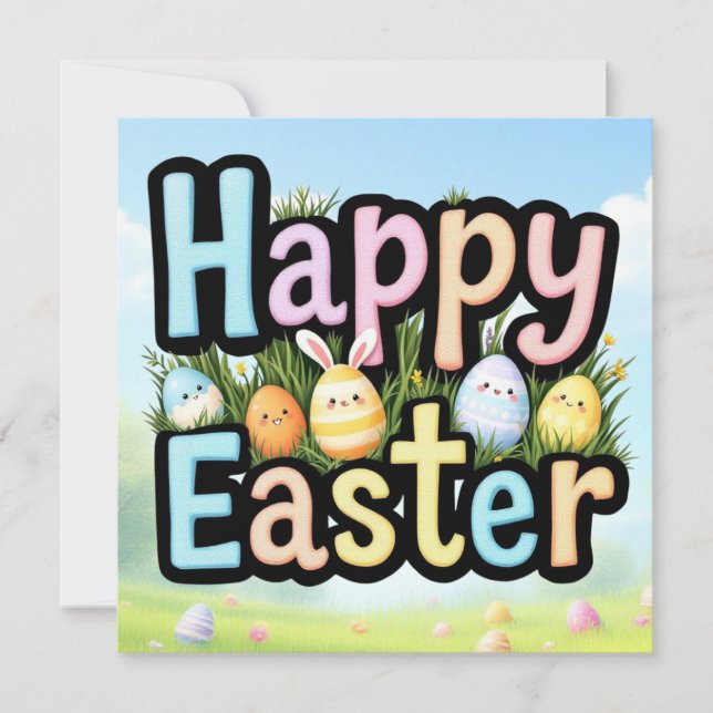 Happy Easter Eggs and Bunnies Holiday Card (Front)