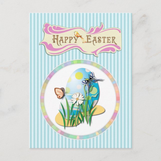 Happy Easter Eggs and Butterflies on Blue Stripes Holiday Postcard (Front)