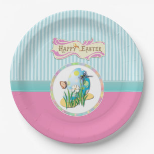 Happy Easter Eggs and Butterflies on Blue Stripes Paper Plate