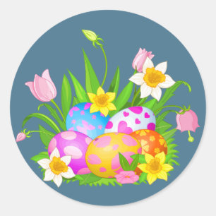 Happy Easter Eggs and Floral Classic Round Sticker