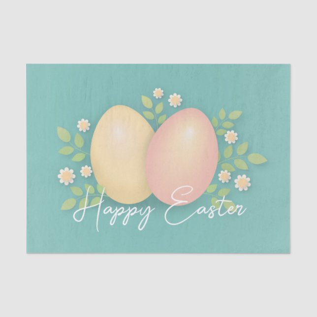 Happy Easter eggs and flowers soft blue  Tissue Paper (Front)