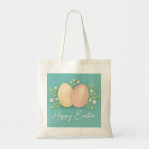Happy Easter eggs and flowers soft blue  Tote Bag