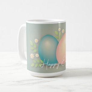 Happy Easter eggs and spring flowers soft blue Coffee Mug