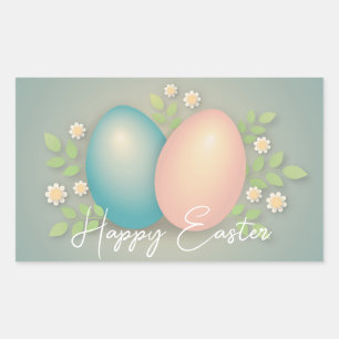 Happy Easter eggs and spring flowers soft blue  Rectangular Sticker