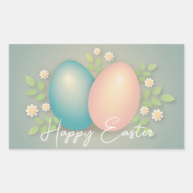 Happy Easter eggs and spring flowers soft blue  Rectangular Sticker (Front)
